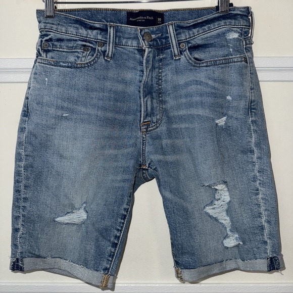 Abercrombie & Fitch Mens‎ Denim Shorts Blue  Distressed Medium Wash 30 - Picture 1 of 8